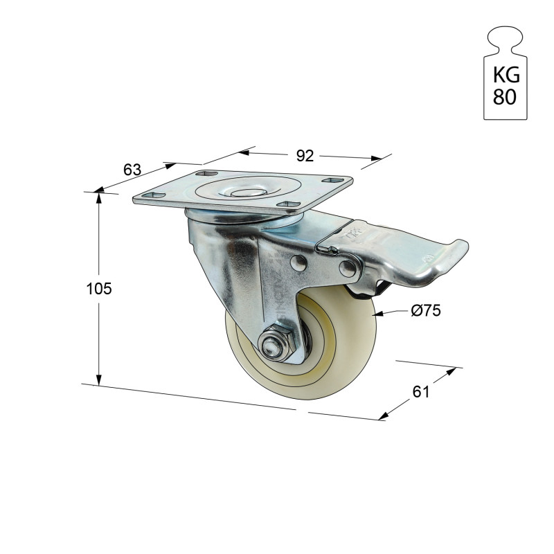 ΡΟΔΑ m.135 ΒΑΡΕΩΣ ΤΥΠΟΥ ΜΕ ΦΡΕΝΟ / Φ.75 / ΠΛΑΚΑ 63x92 / Υ.105 / 80Kg