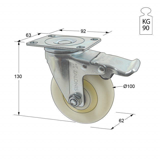 ΡΟΔΑ m.135 ΒΑΡΕΩΣ ΤΥΠΟΥ ΜΕ ΦΡΕΝΟ / Φ.100 / ΠΛΑΚΑ 63x92 / Υ.130 / 90Kg
