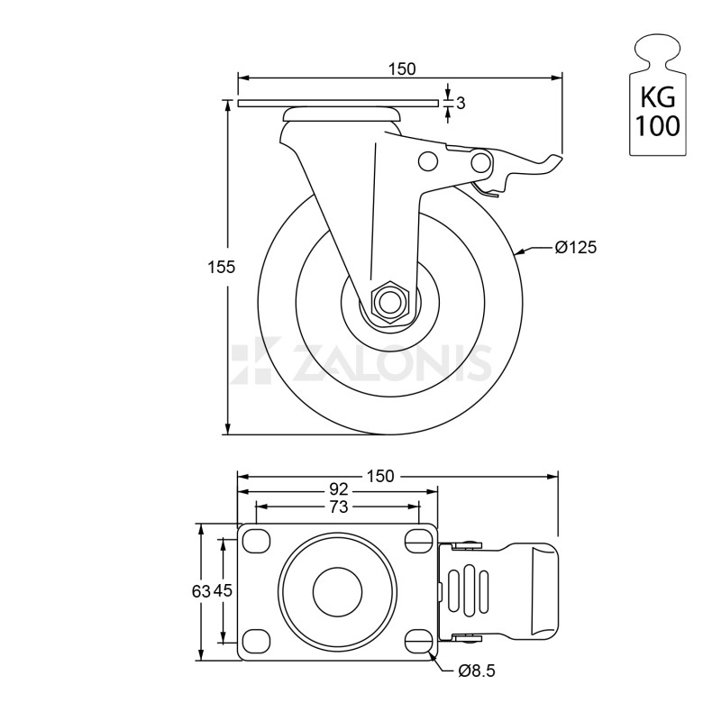 ΡΟΔΑ m.135 ΒΑΡΕΩΣ ΤΥΠΟΥ ΜΕ ΦΡΕΝΟ / Φ.125 / ΠΛΑΚΑ 63x92 / Υ.155 / 100Kg