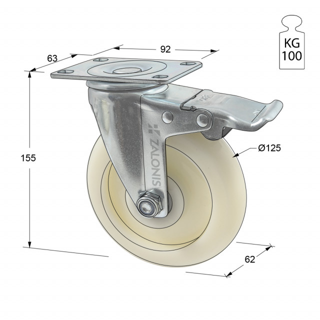 ΡΟΔΑ m.135 ΒΑΡΕΩΣ ΤΥΠΟΥ ΜΕ ΦΡΕΝΟ / Φ.125 / ΠΛΑΚΑ 63x92 / Υ.155 / 100Kg