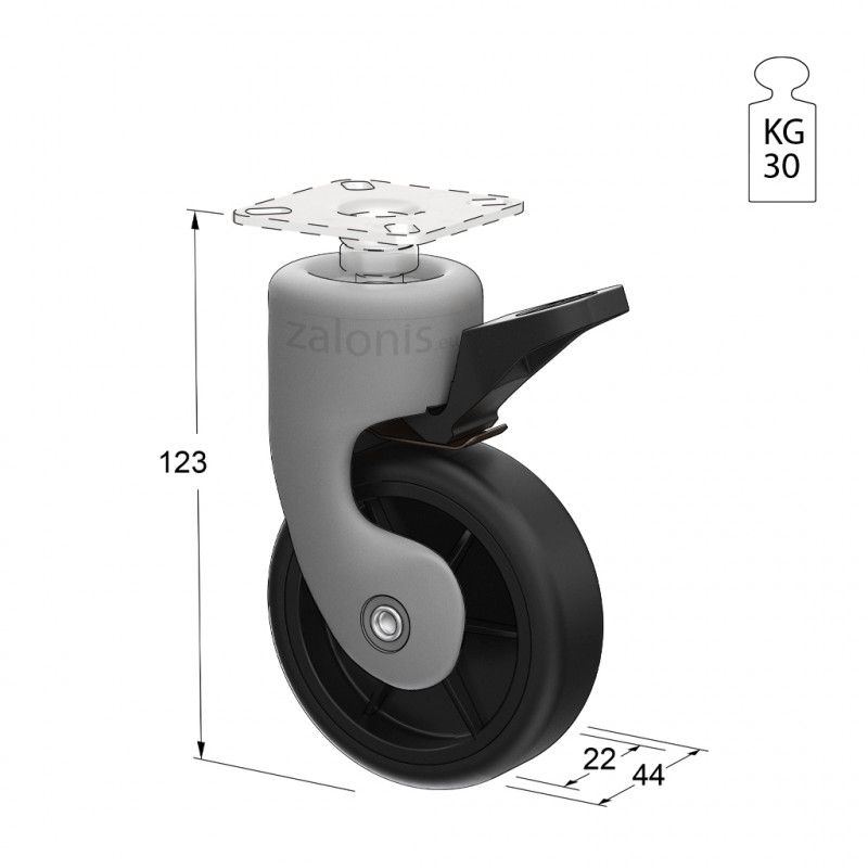 ΡΟΔΑΚΙ ΕΠΙΠΛΟΥ GL Φ.75 / 30kg  - ΠΕΡΙΣΤΡΕΦΟΜΕΝΟ ΜΕ ΦΡΕΝΟ / ΠΛΑΣΤΙΚΟ