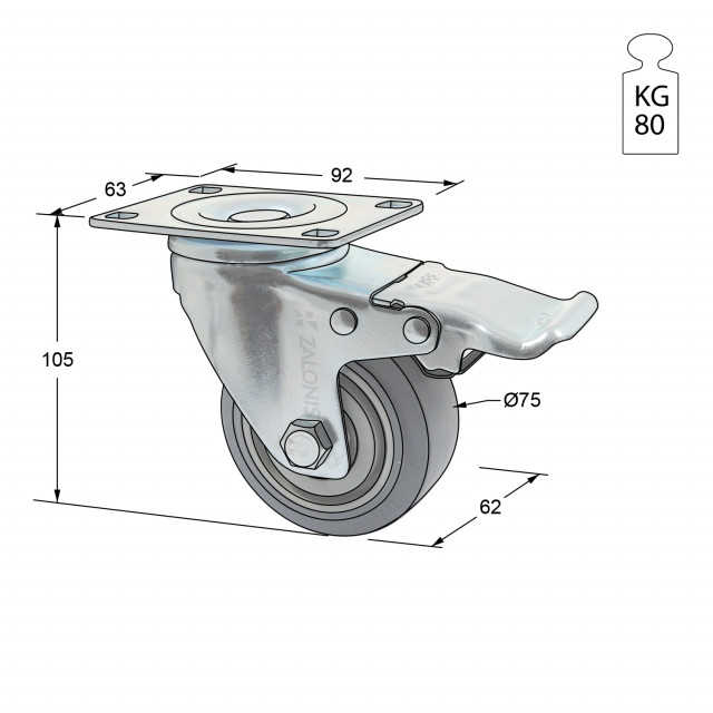 ΡΟΔΑ m.125 ΒΑΡΕΩΣ ΤΥΠΟΥ ΜΕ ΦΡΕΝΟ / Φ.75 / ΠΛΑΚΑ 63x92 / Υ.105 / 80Kg
