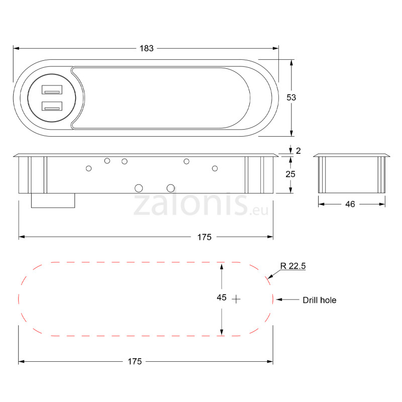 ΤΑΠΑ ΚΑΛΩΔΙΩΝ ΟΒΑΛ ΜΕ ΚΑΠΑΚΙ / 2 USB / ΜΑΥΡΗ